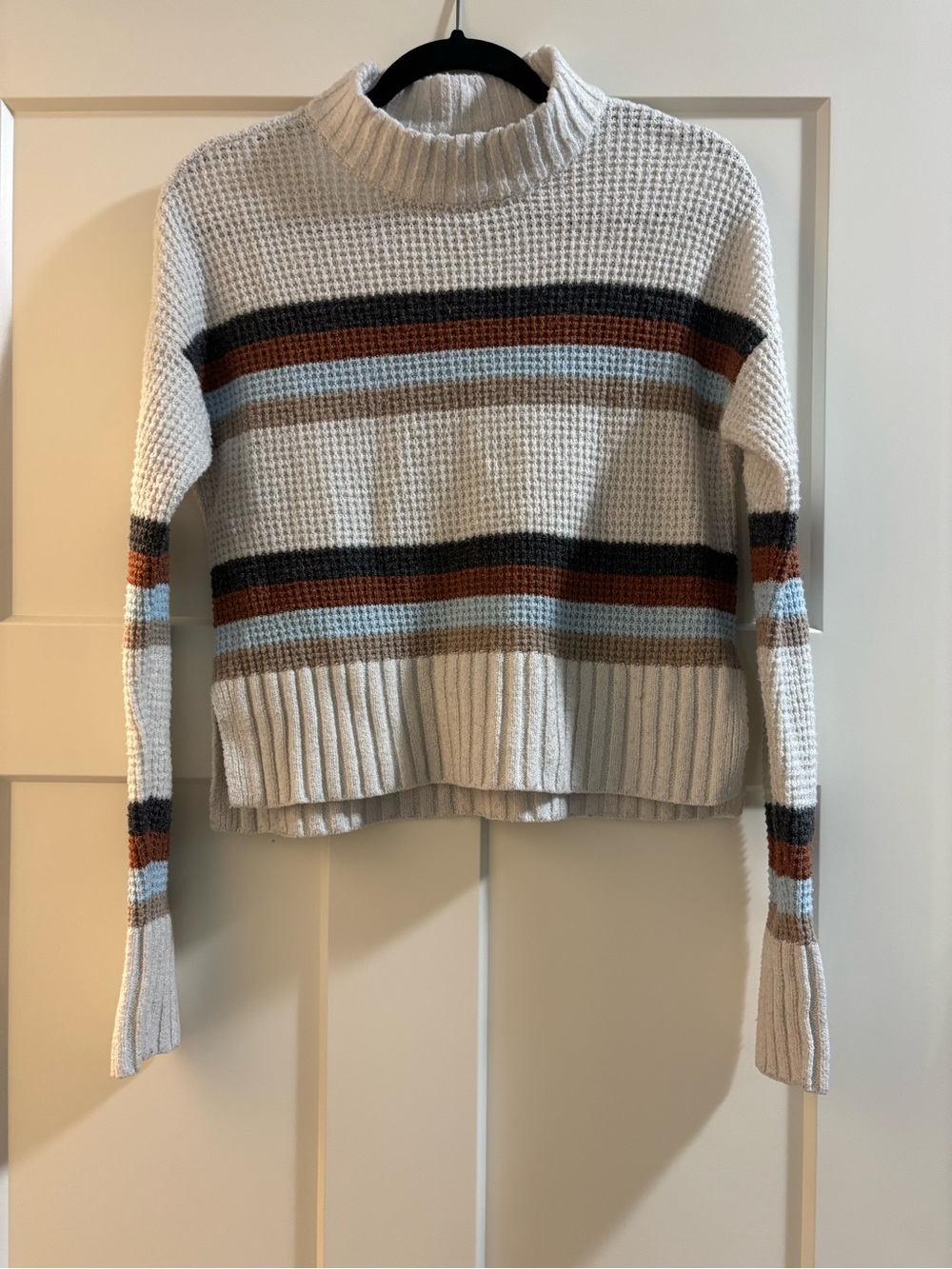 SO Cream Waffle Mock Neck Sweater with Rust, Light Blue, Black Stripes